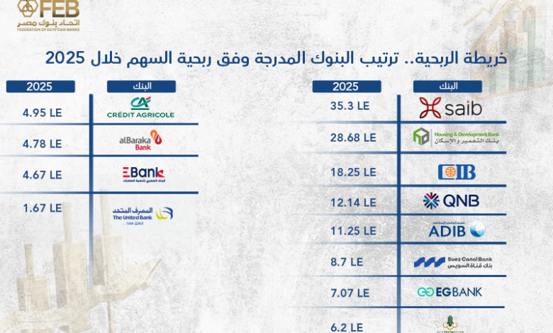 خريطة الربحية.. ترتيب البنوك المدرجة وفق ربحية السهم خلال 2025